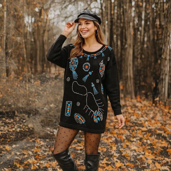 Victoria Jones Vintage 80s Beaded Knit Sweater Dress Shoulder Pad Oversize Tunic - Picture 1 of 12